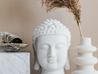 Buddha statue head beside dried botanicals, a calm meditation-corner still life