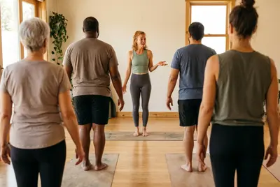 Ava talking a small beginner class through Mountain Pose in a sunlit studio