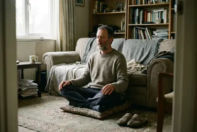 Man meditating cross-legged on a floor cushion in his living room