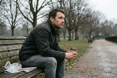 Man sitting on a park bench with a coffee, looking into the distance