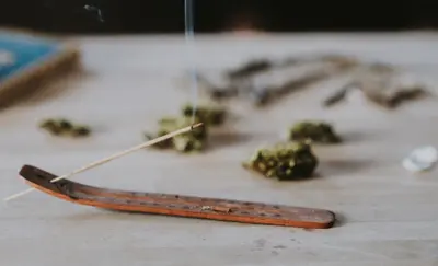 Incense stick burning on a wooden holder beside dried herb bundles